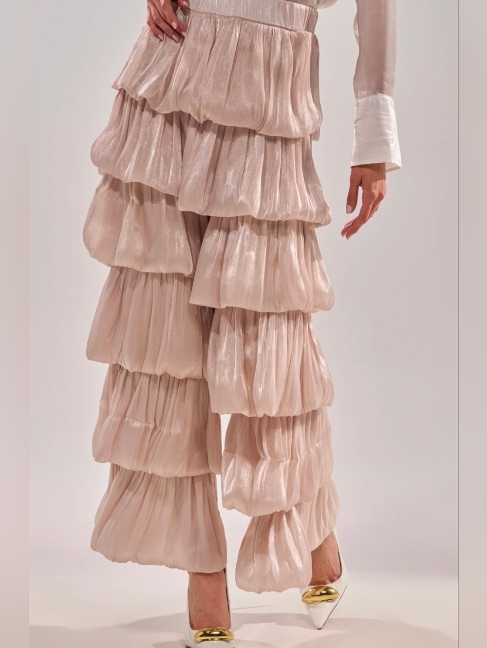 Tiered Ruffle Wide-Leg Pants — Shimmery Blush